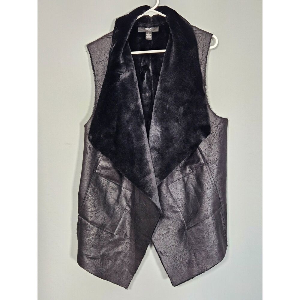 Alfani Woman Faux Shearling Vest Black Faux Leather Fur Lining Waterfall 2X Plus
